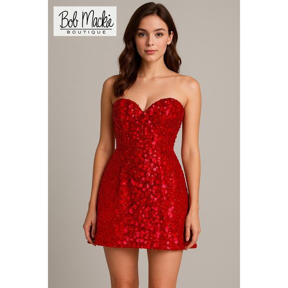 Bob Mackie Boutique Red Silk Sequin Strapless Mini Dress Size 6 Party Cocktail - Picture 1 of 11